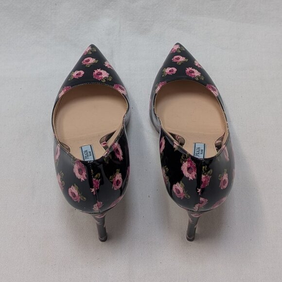 Prada Patent Leather Black with Pink Rose Floral Pumps Heels Size 38 US 8 New - Picture 4 of 8